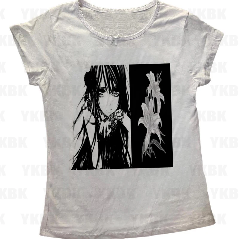 Kawaii Mädchen Langarm Print Anime Tees Y2k Slim Fit Mode Tops Streetwear Frauen Harajuku Retro 90er Jahre Casual Punk Baby Gothic