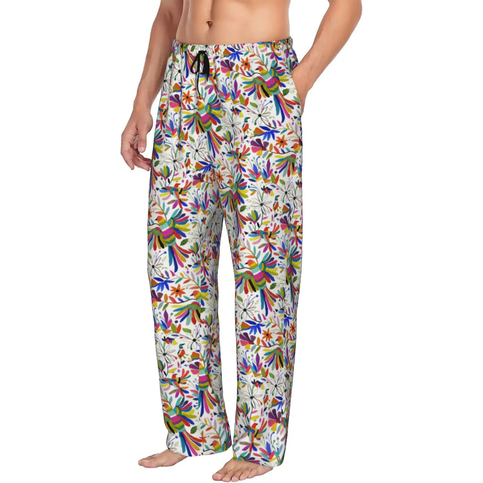 Custom Mexican Otomi Bird Pajama Pants Men's Animal Embroidery Sleepwear Lounge Sleep Bottoms Stretch with Pockets