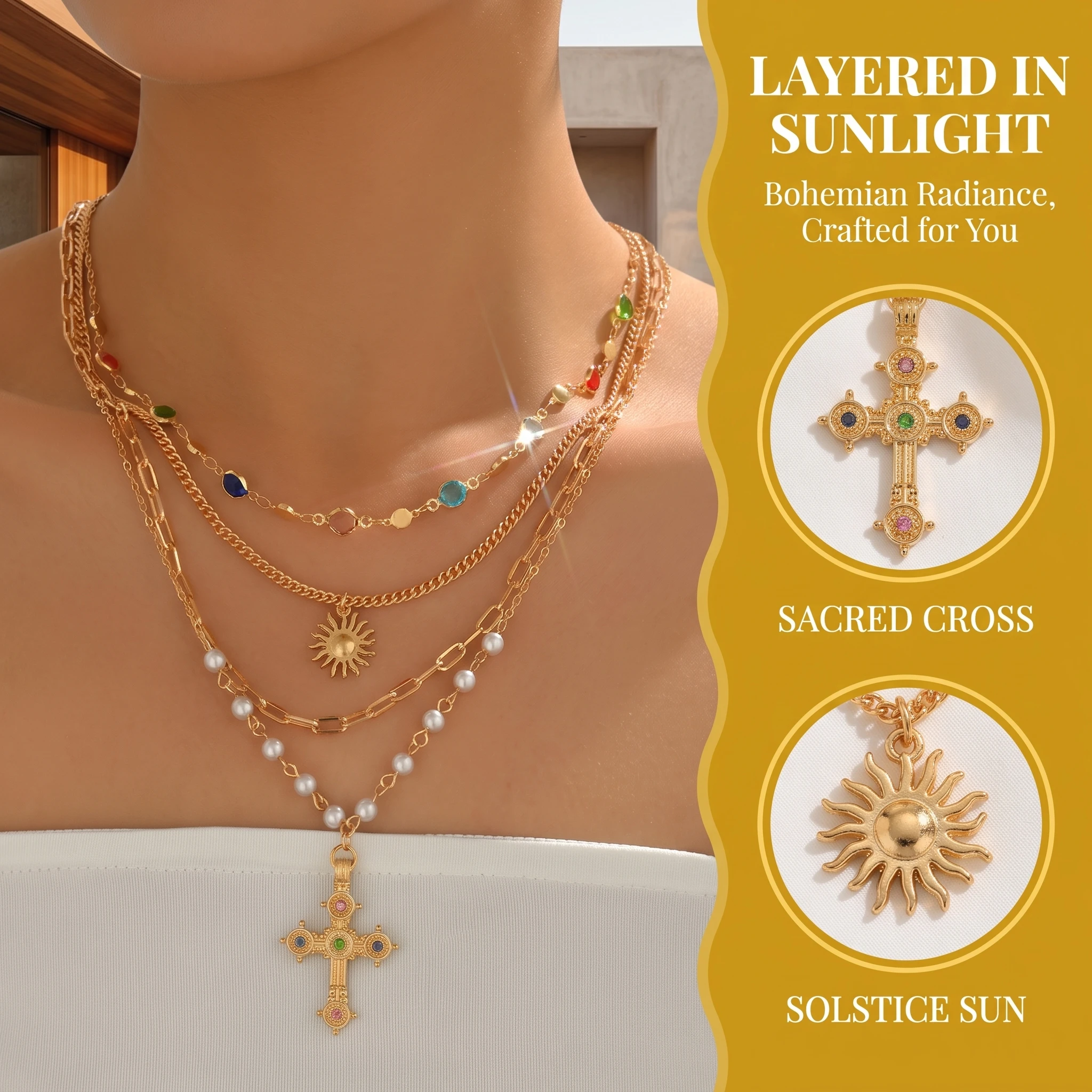 Gold Silver Multi‑Layer Stacked Necklace Set Color Rhinestone Sun Cross Pendant Imitation Pearl Boho Women Neck Jewelry