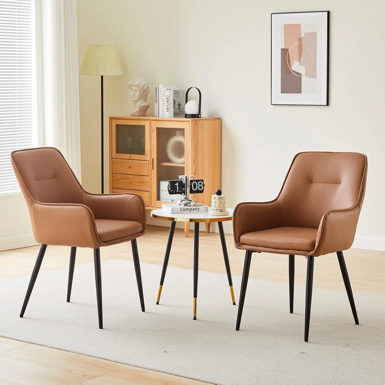 

Faux Leather Dining Chairs Set of 2, Modern Chairs with Arms, Heavy Duty Metal Leg,Upholstered Padded Seat, Leisure Armchair