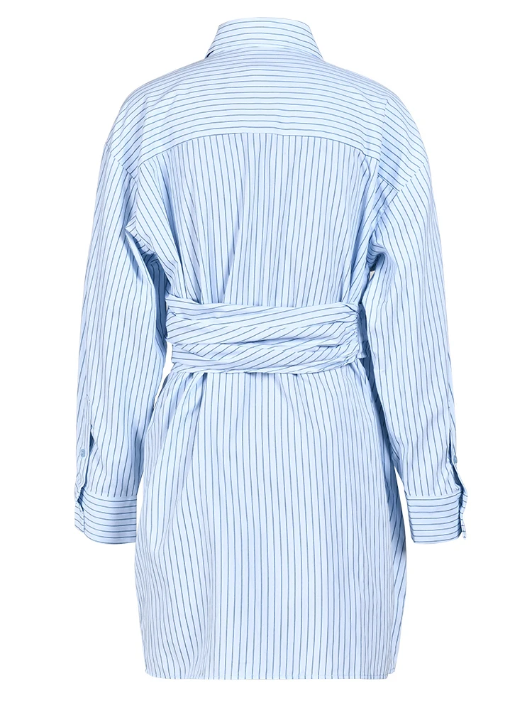 [EAM] Women Blue Striped Irregular Big Size Shirt Dress New Lapel Long Sleeve Loose Fit Fashion Tide Spring Autumn 2024 CP1888