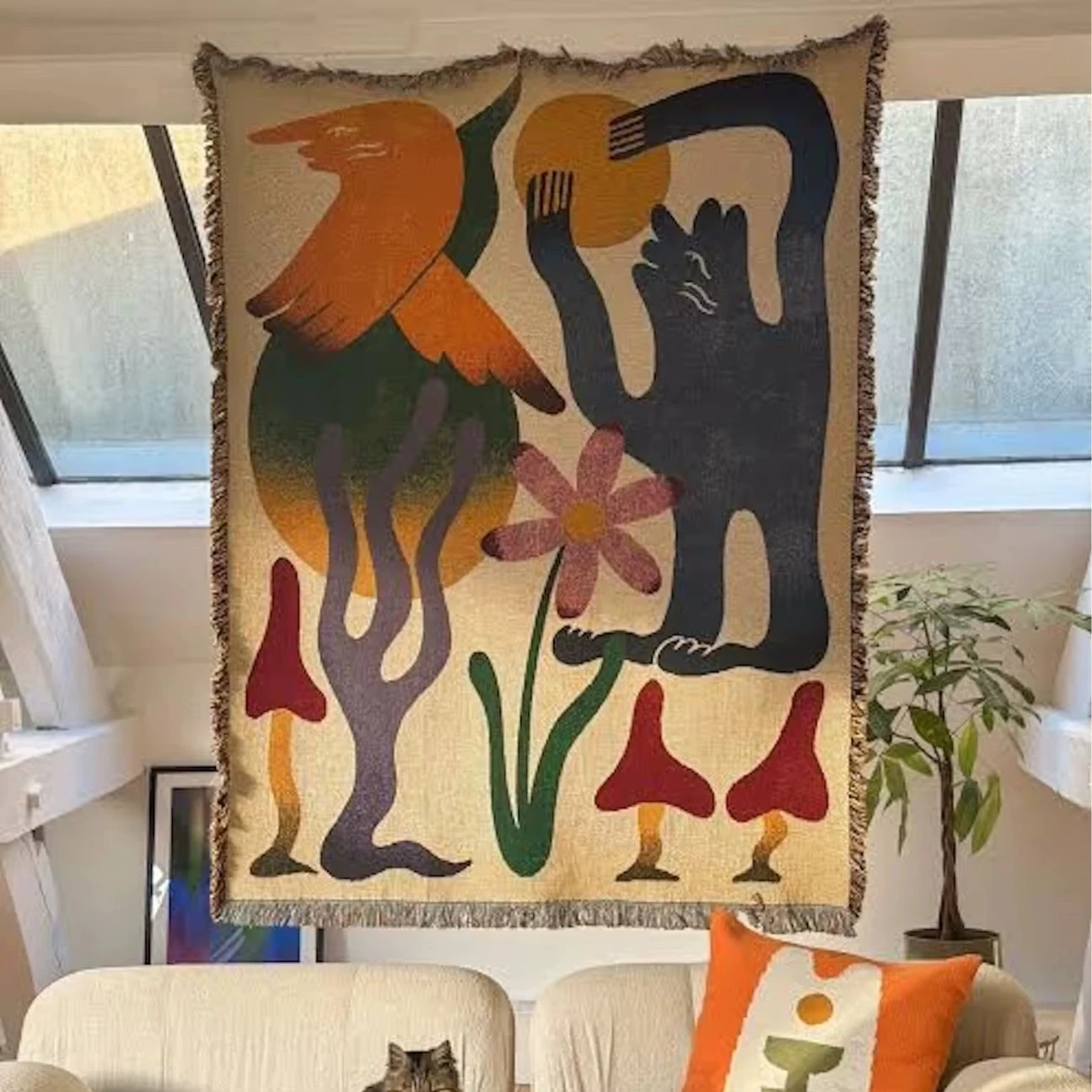 

Abstract Design Blanket Woven Tapestry Wall Hanging with Fringe Edges Colorful Boho Chic Throw Blankets Decor for Sofa 130x160cm