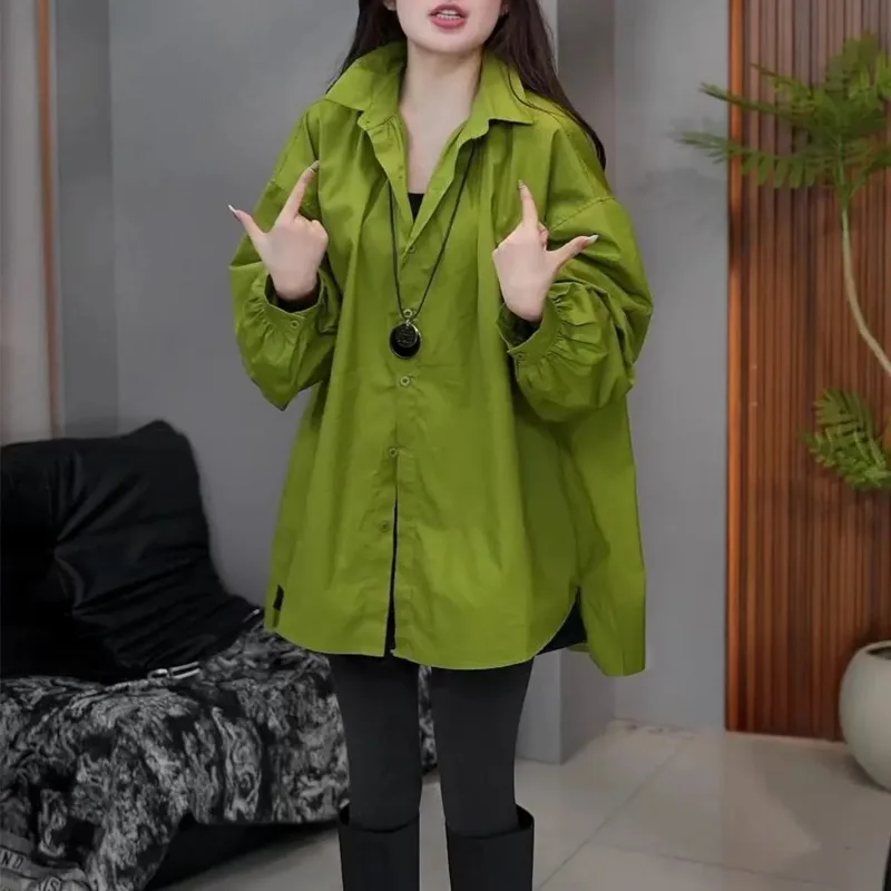 

Женская свободная блузка с длинным рукавом, отложным воротником, оверсайз, повседневная туника с боковыми разрезами