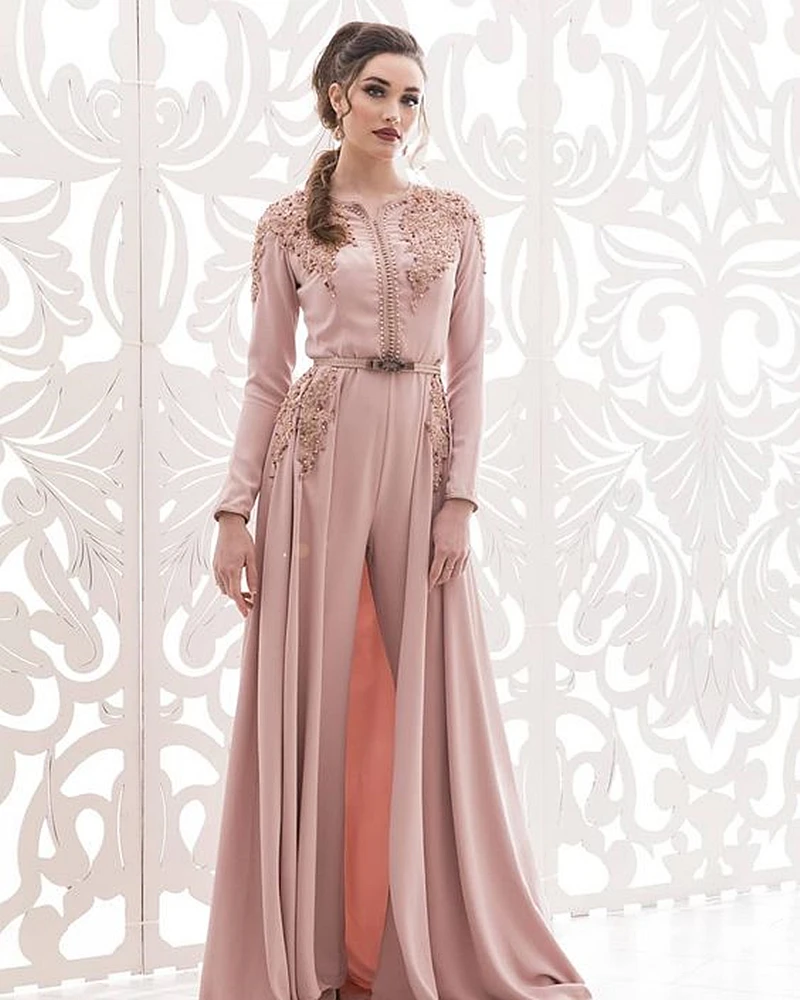 Arabisch Marokkaanse Kaftan Prom Jumpsuits Avondjurken Lange Mouwen Gold Kant Applicaties Kralen Blush Pink Wedding Partij Jassen