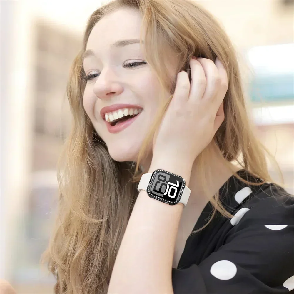 Стекло + алмазный чехол для Apple Watch, чехол 46 мм, 42 мм, 40 мм, 44 мм, 41 мм, 45 мм, блестящий защитный бампер iWatch Series 11-10 9 se 5 6 7 8