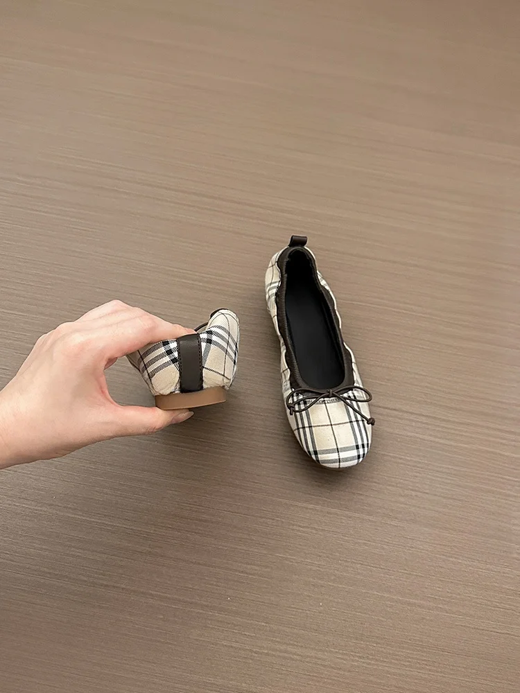 plaid-mary-jane-shoes-women's-flat-bottom-comfortable-ballet-flat-shoes-commute-roll-shoes-round-head-rubber-outsole