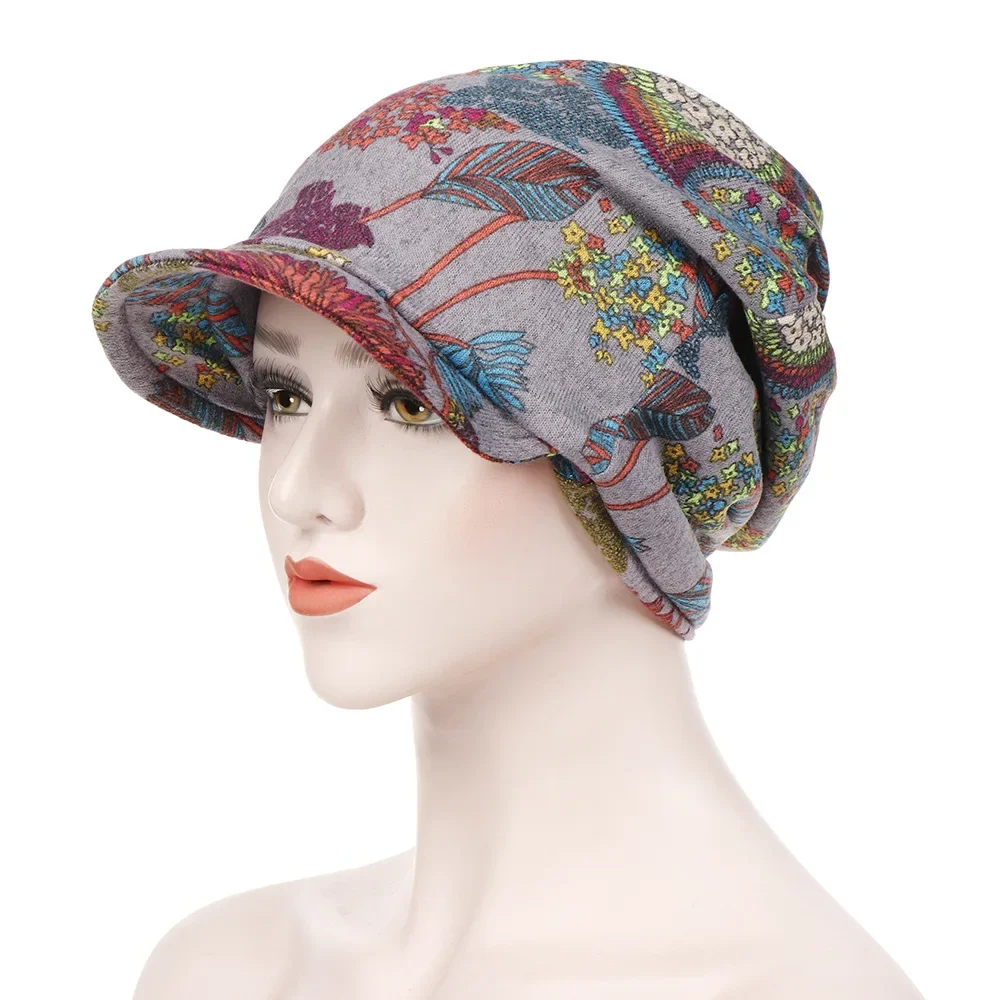 Fashion Female Hat with Brim Floral Muslim Turban for Women Cotton Arab Indian Hat Underscarf Caps Turbante Mujer Chemo Hat