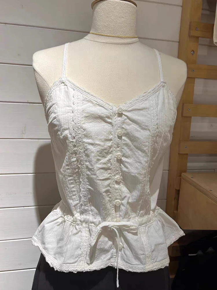 Lace Patchwork Button Crop Top Women Sweet White Cotton Sleeveless V Neck Lace Up Camis Vests Vintage Cute Summer Tank Tops Y2k
