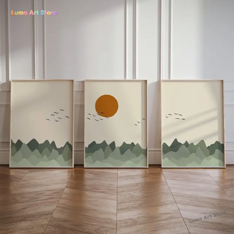 3pcs/set Bohemian Sage Green Mountain Bird and Sun Wall Art Canvas Painting Mid-century Nursery Wall Art Posters for Modern H