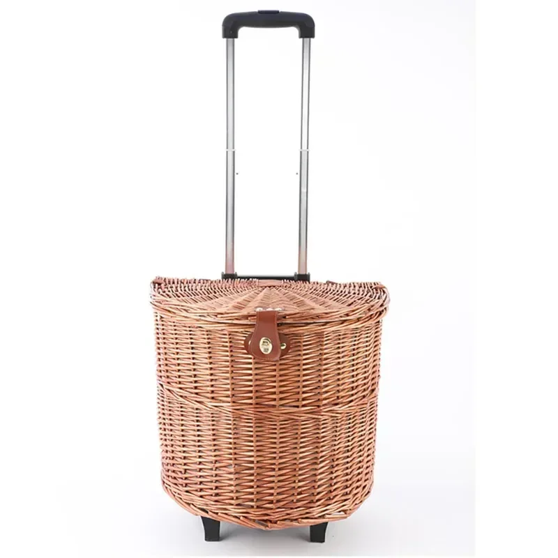 Rattan Weave Picnic Carrier with Wheels Food Storage Caddy Pull Rod Multi-use Outdoor Meal Container Insulated