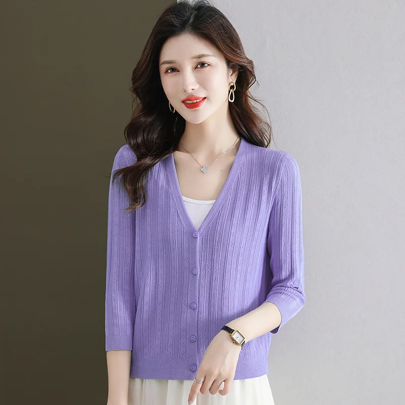 2024 New Three-quarter sleeve Ice silk knitted Cardigan women's summer Thin Suspenders Coat Female Knitwear Shawl Tops