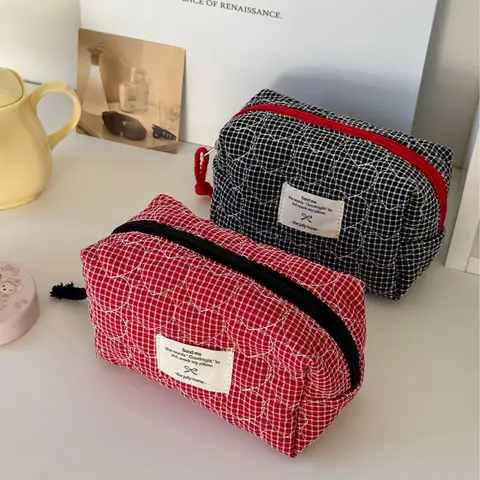 Quilted Heart Plaid Women's Cosmetic Bags Makeup Case Large Capacity Ladies Travel Storage Bag Casual Girls Handbag Clutch Purse