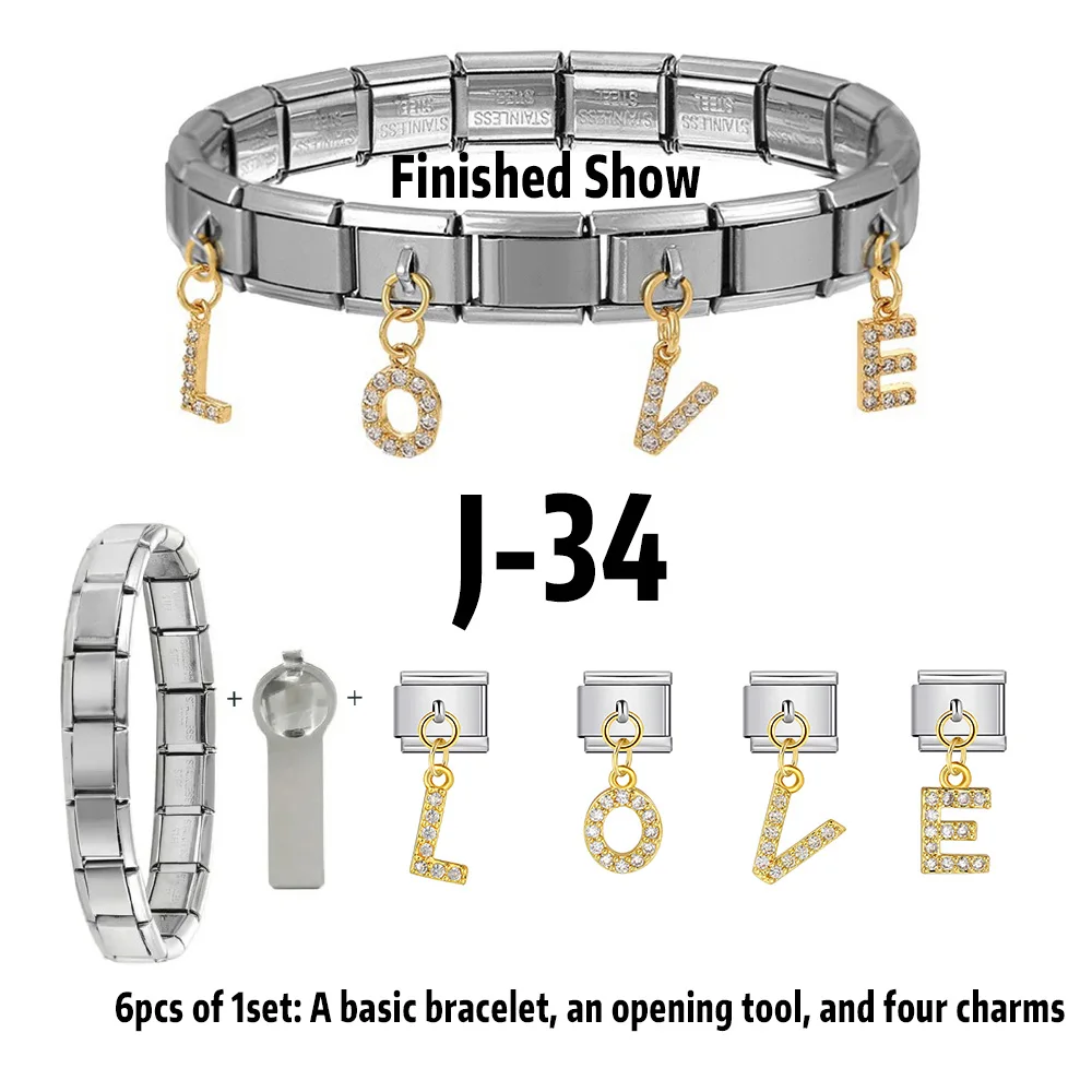 6pcs English LOVE Letters Pendants Italian Charm Stainless Steel Bracelet Pack with Basic Chain Tool DIY Jewelry Set Strap Chain