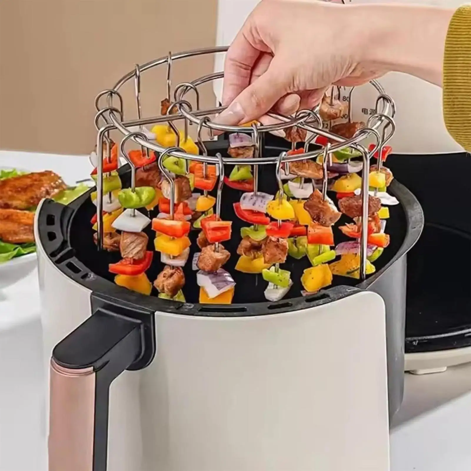 Non-Stick Stainless Steel Vertical Air Fryer Skewer Rack with 24Pcs Special Meat Skewers Kitchen Roasting Oven BBQ Grill Stand
