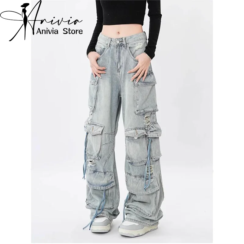 Women Light Blue Y2k Cargo Jeans Baggy Harajuku Aesthetic Denim Trousers Japanese 2000s Style Jean Pants Vintage Trashy Clothes