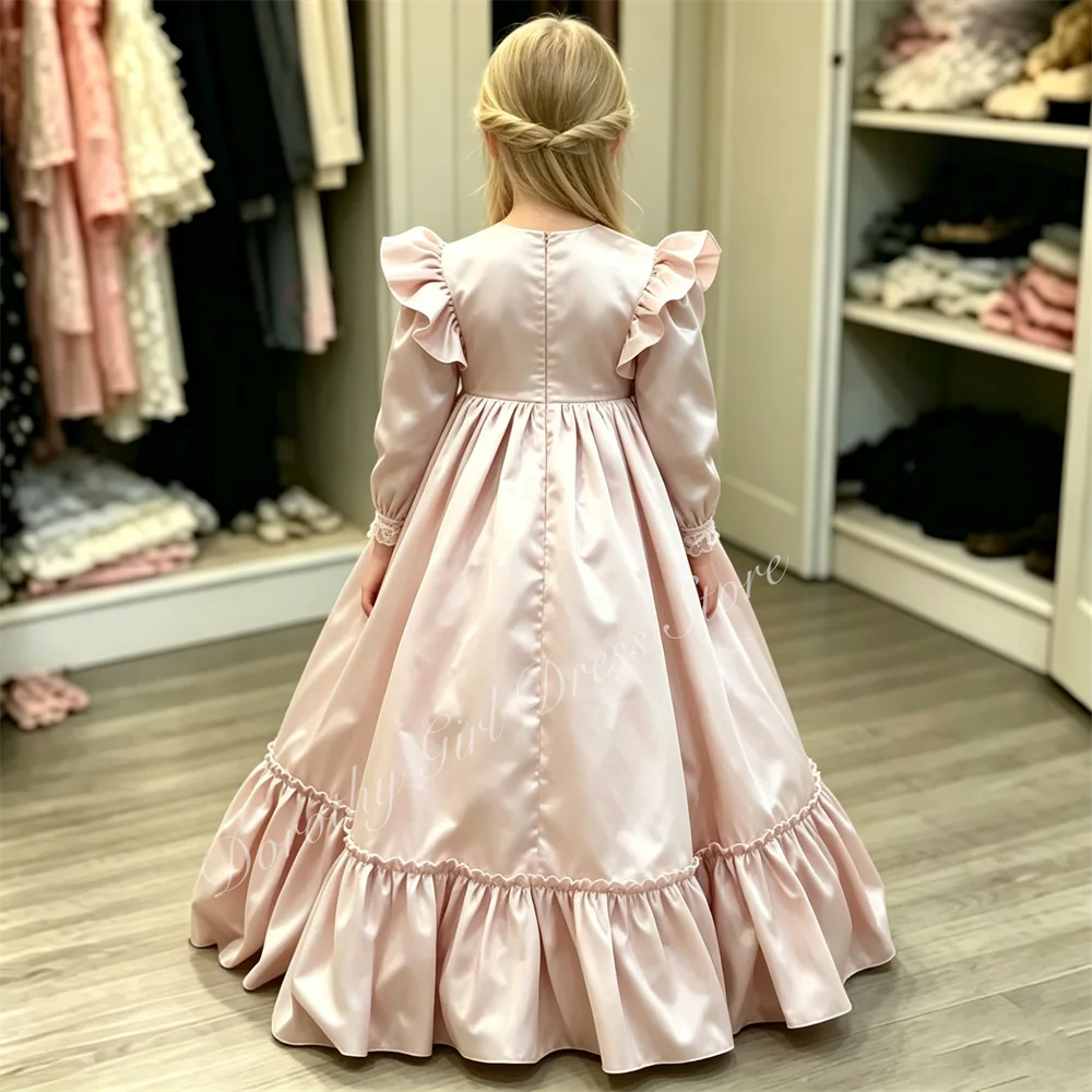 Delicate Girl Pink Party Dress with Fluffy High-quality Satin Suitable for Children's Birthday Parties Can Be Customized