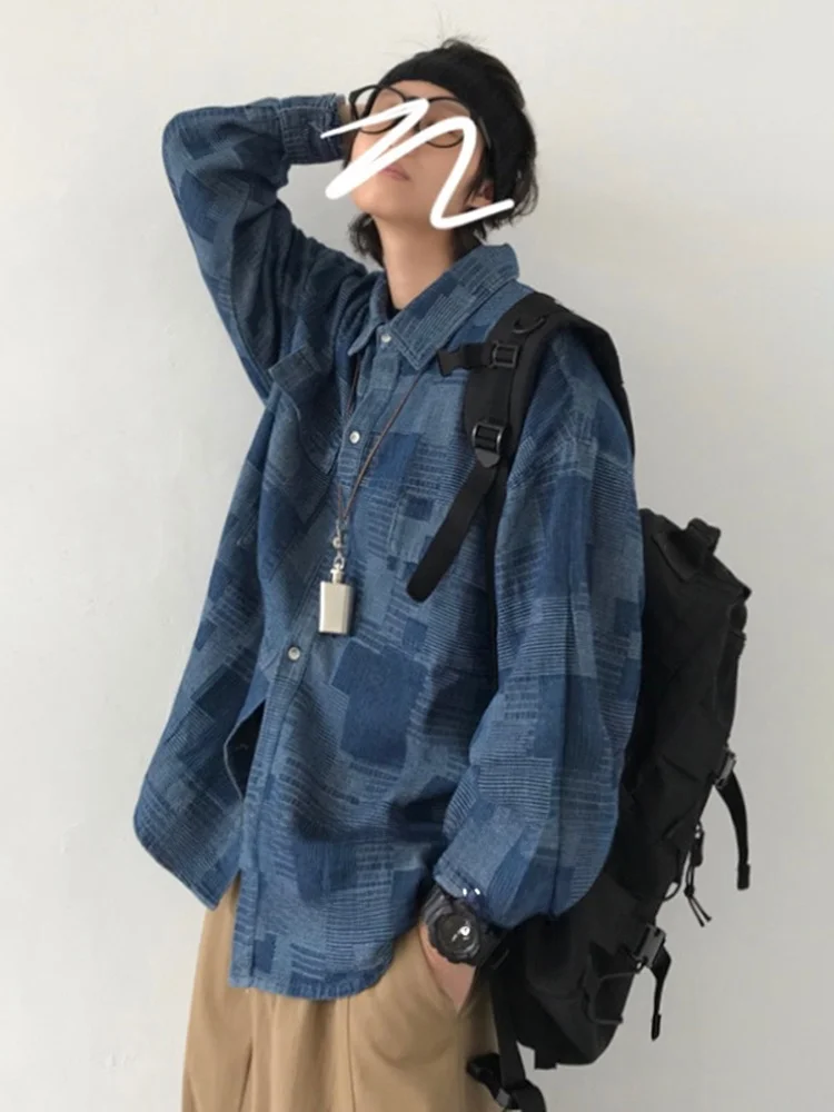 

Jiwuus Autumn Vintage Ethnic Weave Long Sve Denim Casual irt Men's Stand Fit Faionable Youthful Regular Thin