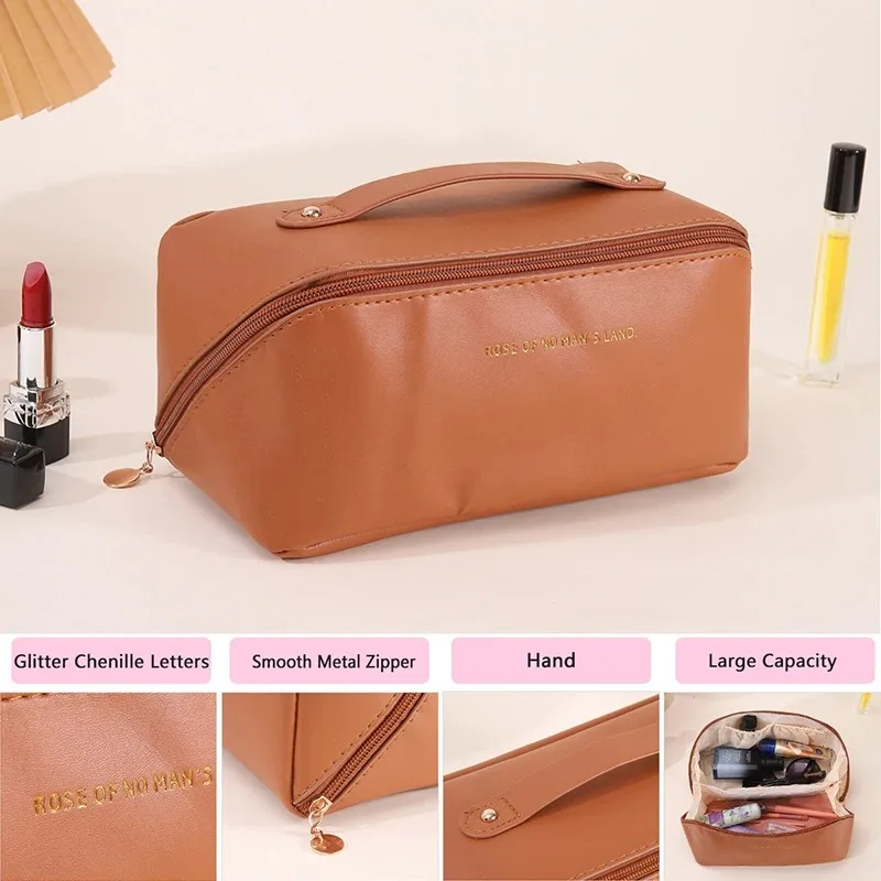 Fashion Portable PU Leather Large Capacity Travel Cosmetic Bags Makeup Pouch Women Waterproof Bathroom Multifunction Wash Bag