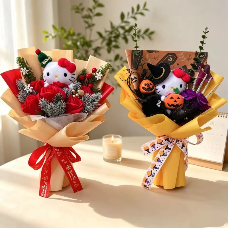 Neueste Original Hellokitty Plüschpuppe Kreative Weihnachts- und Halloween-Designs Handgefertigte Sträuße Neujahrs-, Weihnachts- und Halloween-Geschenke