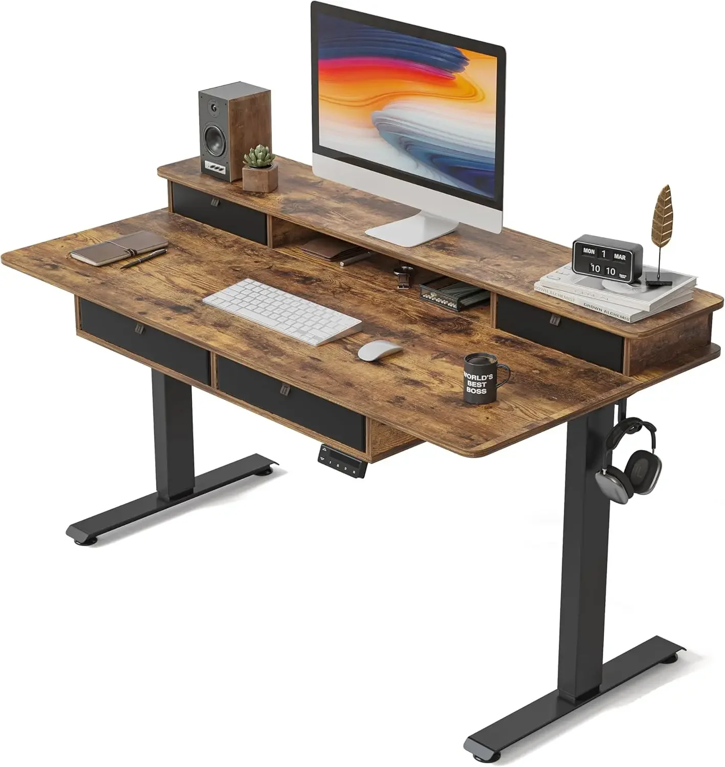 

FEZIBO 48 x 24 Electric Standing Desk Adjustable Height with 4 Drawers, Sit Stand Desk with Storage Shelf, Rising Desk with Spli