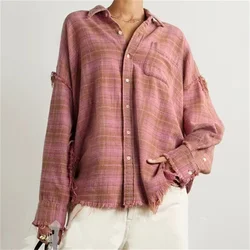 women's blouses trend 2024 autumn new Vintage pure cotton long sleeved top Flannel plaid loose fitting women's shirt Thin coat