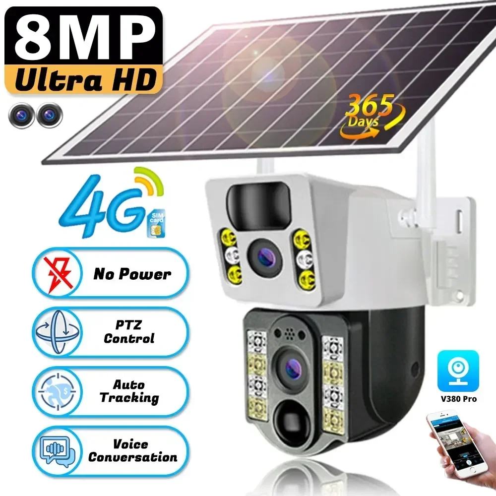 

8MP 4K HD Solar IP Camera 4G Sim Dual Lens Outdoor PIR Human Detection CCTV Camera Low Powered V380pro Smart Security IP Cameras