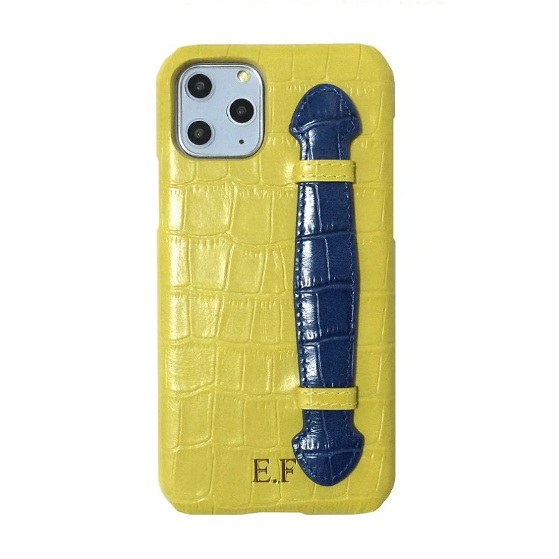 Real Genuine Leather Strap Holder Case For iPhone 11 Pro Max Phone Luxury Cute Croco Yellow Thin Slim Hard Cover Shell Accessory