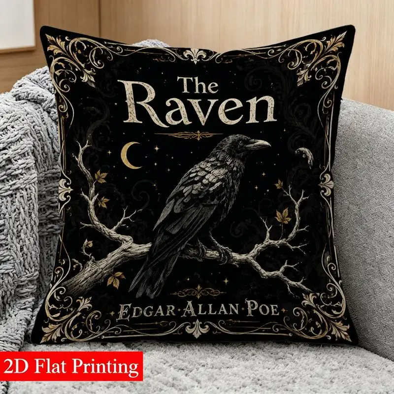 1PC 2D Flat Print Pillow Cover The Raven Crow Edgar Allan Poe Gothic Dark Vintage Decorative Throw Pillow Sofa Couch Home Decor