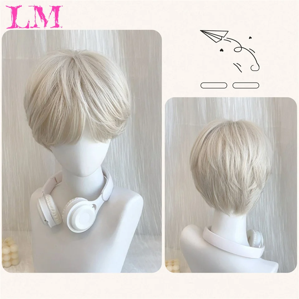 LM Short Wig For Cosplay Costumes Synthetic Fiber Wig With Bangs Halloween Party Anime Wig Blonde Grey Black Three Colors