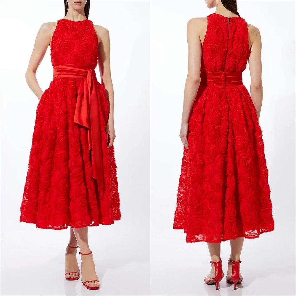 Customized Modern Style Formal Evening O-Neck Ball Gown Flowers Tulle Bespoke Occasion Party Dresses