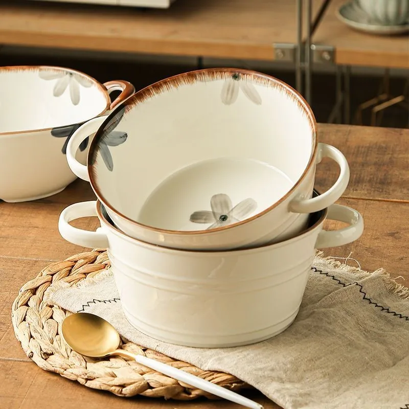 Underglaze Colour Double Ear Soup Bowl Household Use 2025 Japanese Style Ceramic Soup Bowl Large Instant Noodle Strip Bowl ZF690