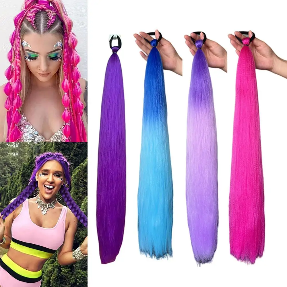 

2 шт., синтетический фиолетовый хвостик, наращивание резинки, длинный прямой хвост, женские аксессуары для волос на Хэллоуин, коса в стиле хип-хоп
