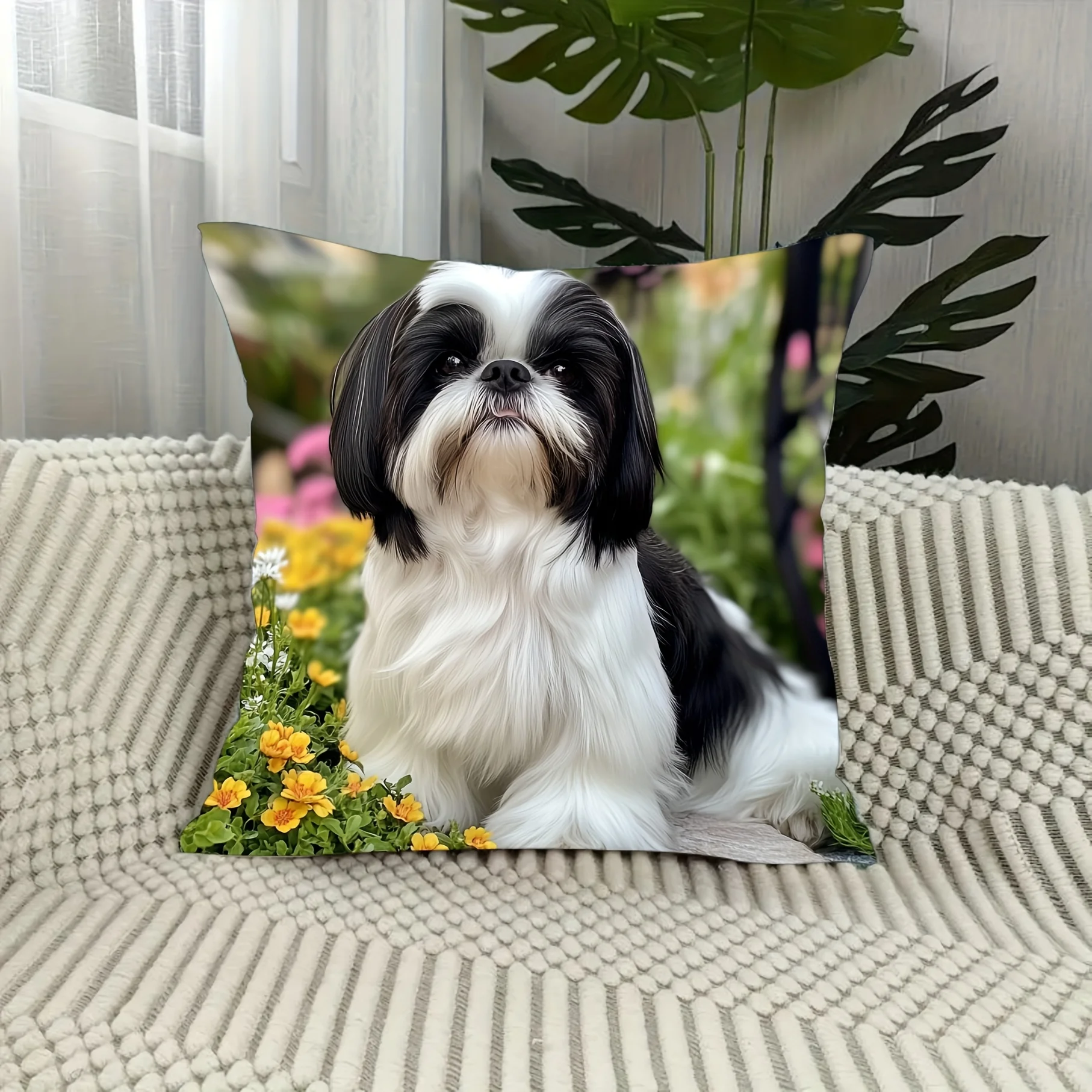 Cute Shih Tzu Dog Print Throw Pillow Cover Realistic Black and White Shih Tzu Themed Cushion Case for  Home  Couch  Decor