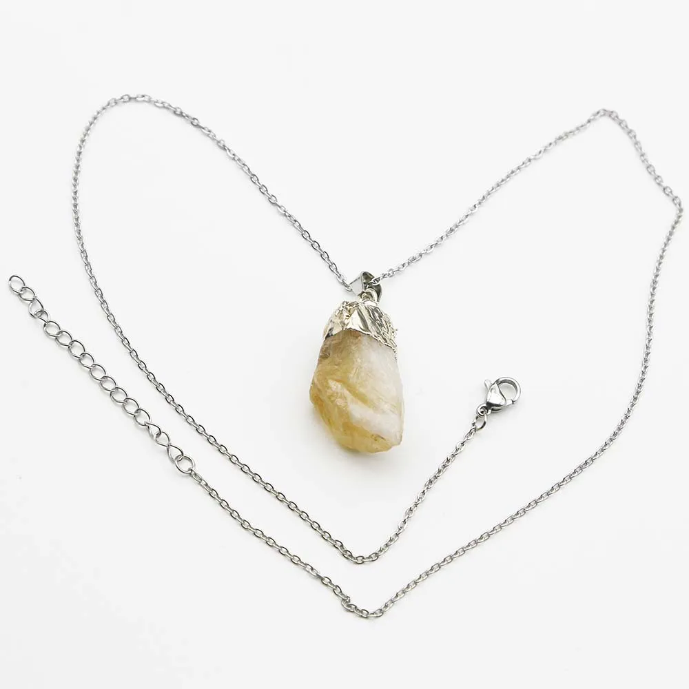 Natural Raw Ore Topaz Irregular Pendant Yellow Crystal Plating Silver Stainless Steel Chain Necklace DIY Jewelry Accessories6Pcs