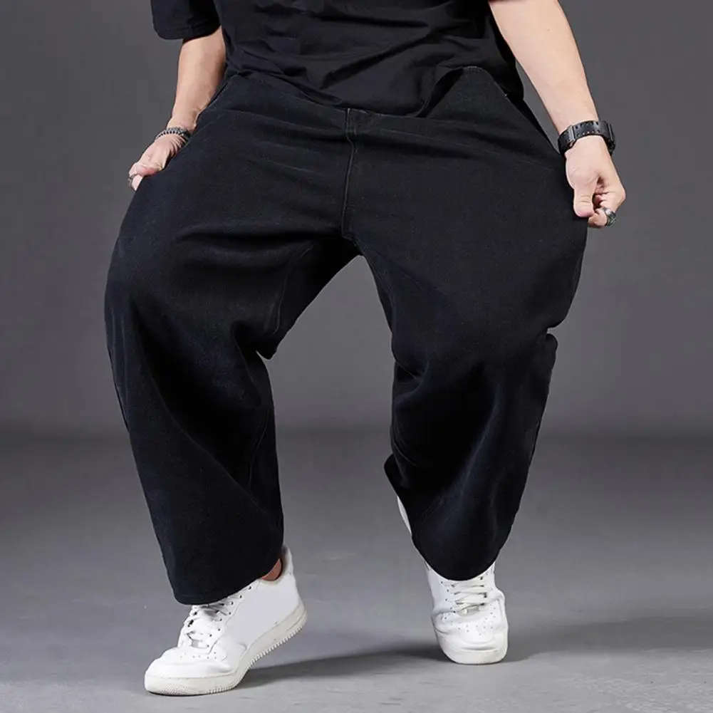 Men Jeans High Waist Solid Color Spliced Denim Pants With Pockets Straight Wide Leg Long Pants  Big Trousers Wide Daily Wear