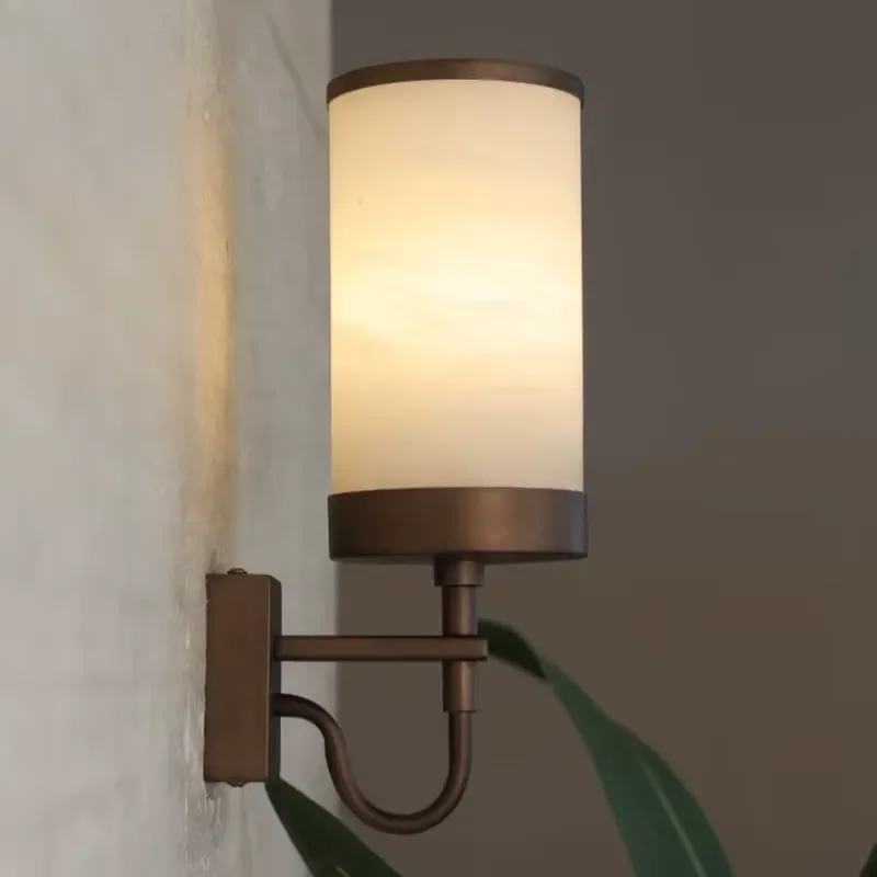 Vintage Brass Alabaster Wall Sconce Minimalist Cylinder Natural Onyx Wall Lamp Bedroom Decor Lighting