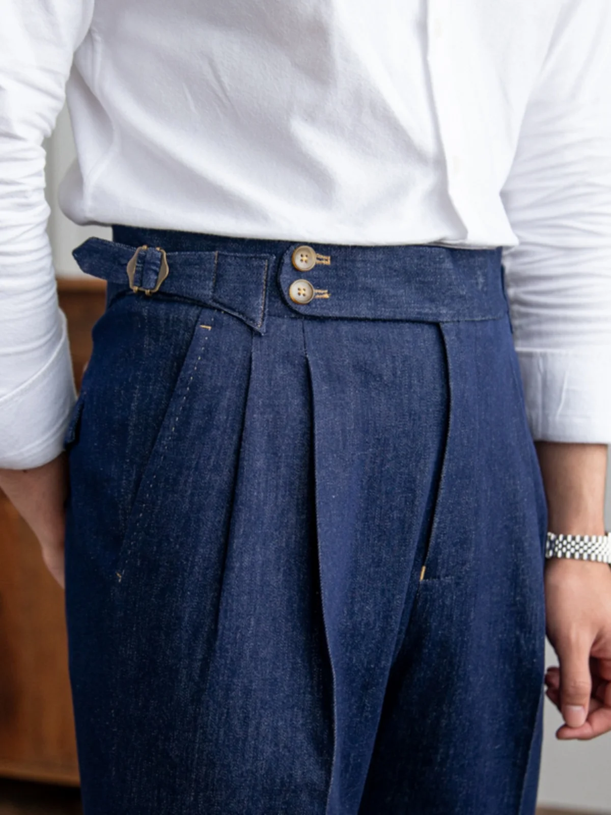 High Quality Four Seasons Italian Naples High Waist Retro Denim Color Casual Pants Versatile Retro Long Pants Men