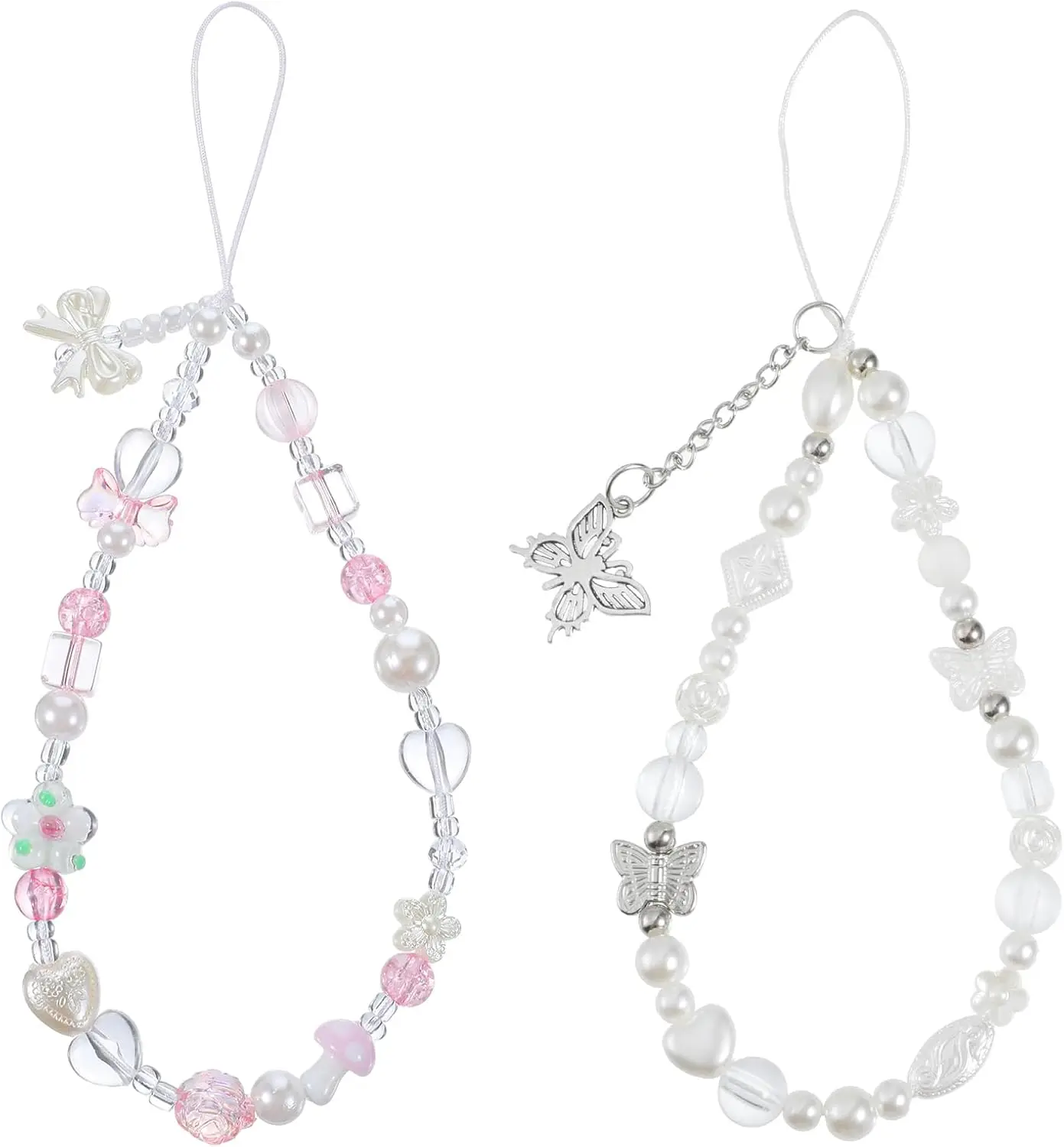 2 pcs Beaded Camera Wrist Strap Phone Charms Straps Cute Pearl Digital Camera Charm Lanyard Beaded Phone Bracelet Strap Aesthetic Love Pendant for Women Wallet Keychain Decoration Jewelry