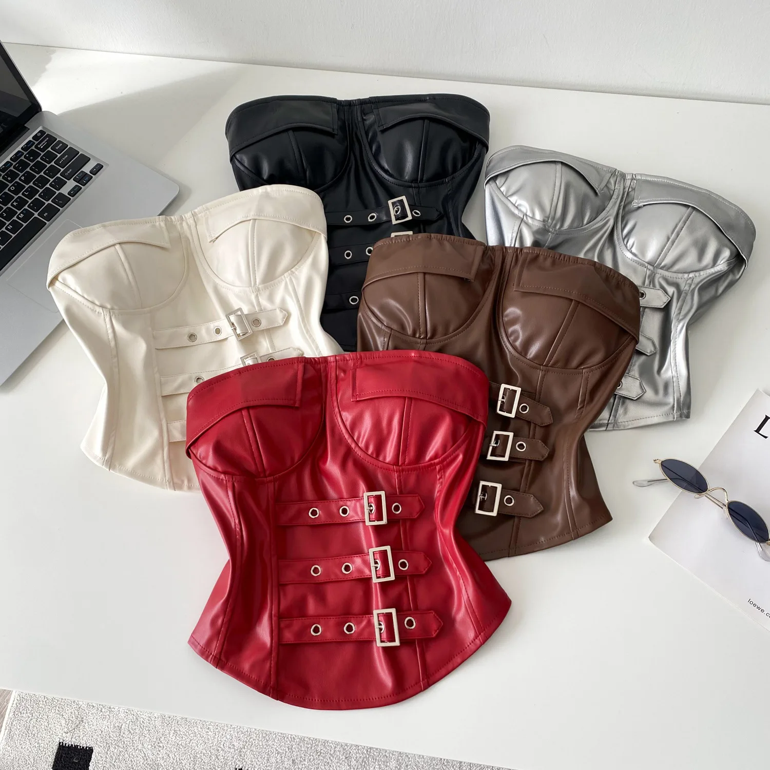 

New Autumn Fashion Sexy Sleeveless Strapless Solid Color Lace-up Slim Fit PU Tank Top,5 Colors