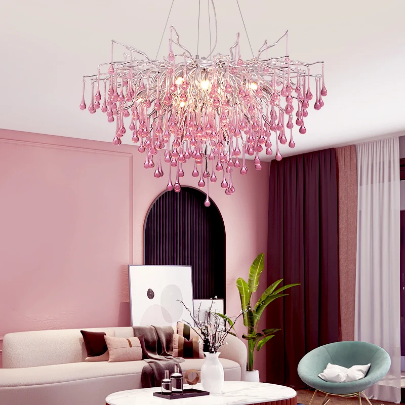 Modern Crystal Chandelier Rectangular Led Pink Glass Raindrop Round Ceiling Light Fixtures for Dining Room Led Lighting 220V