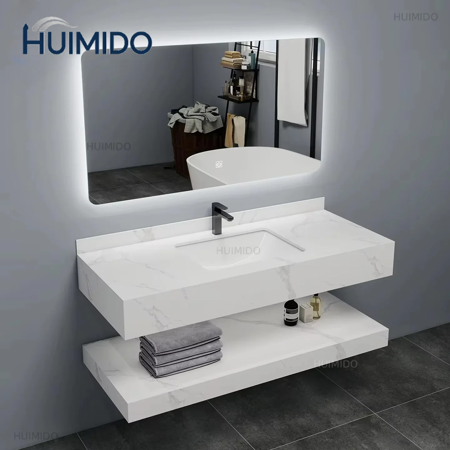 Modern Double-Layer Rock  Smart  Vanity Bathroom Cabinet Wall-Mounted with Upper & Lower Washbasin for Toilet Basin