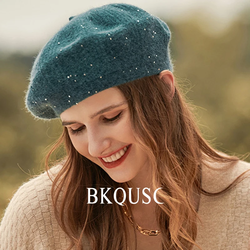 Spring Women's Knitted Beret Hats Female Colorful Velvet Knit Painter Beret Ladies Small Sequins Fashion Artist Berets Caps