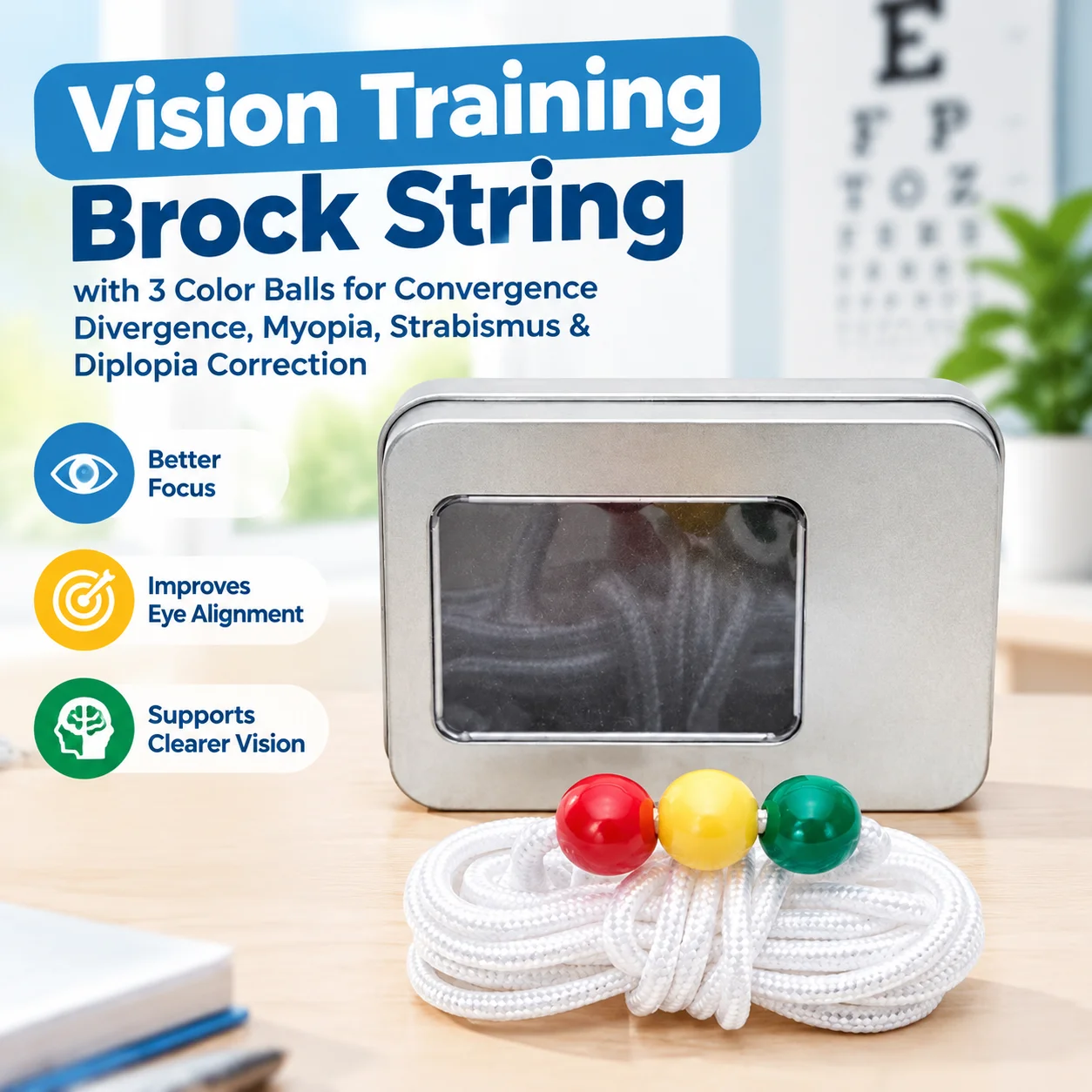 Vision Training Brock String with 3 Color Balls for Convergence Divergence, Myopia, Strabismus & Diplopia Correction
