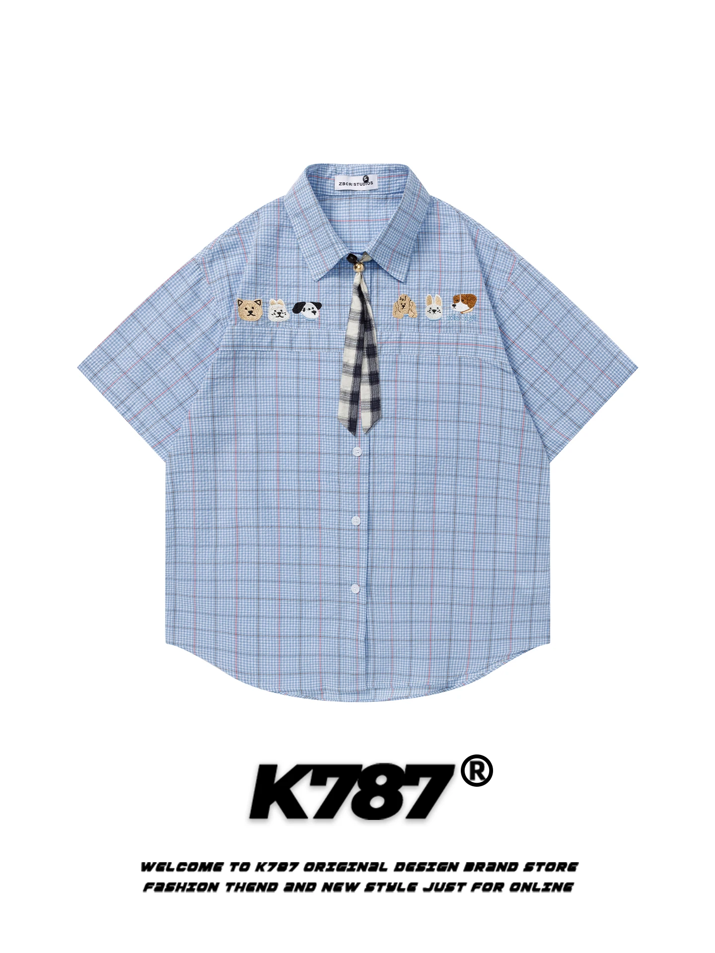 

Мужская летняя рубашка K787 в американском ретро-стиле с коротким рукавом, в клетку, с принтом собаки, свободного кроя, из хлопка, молодежная мода