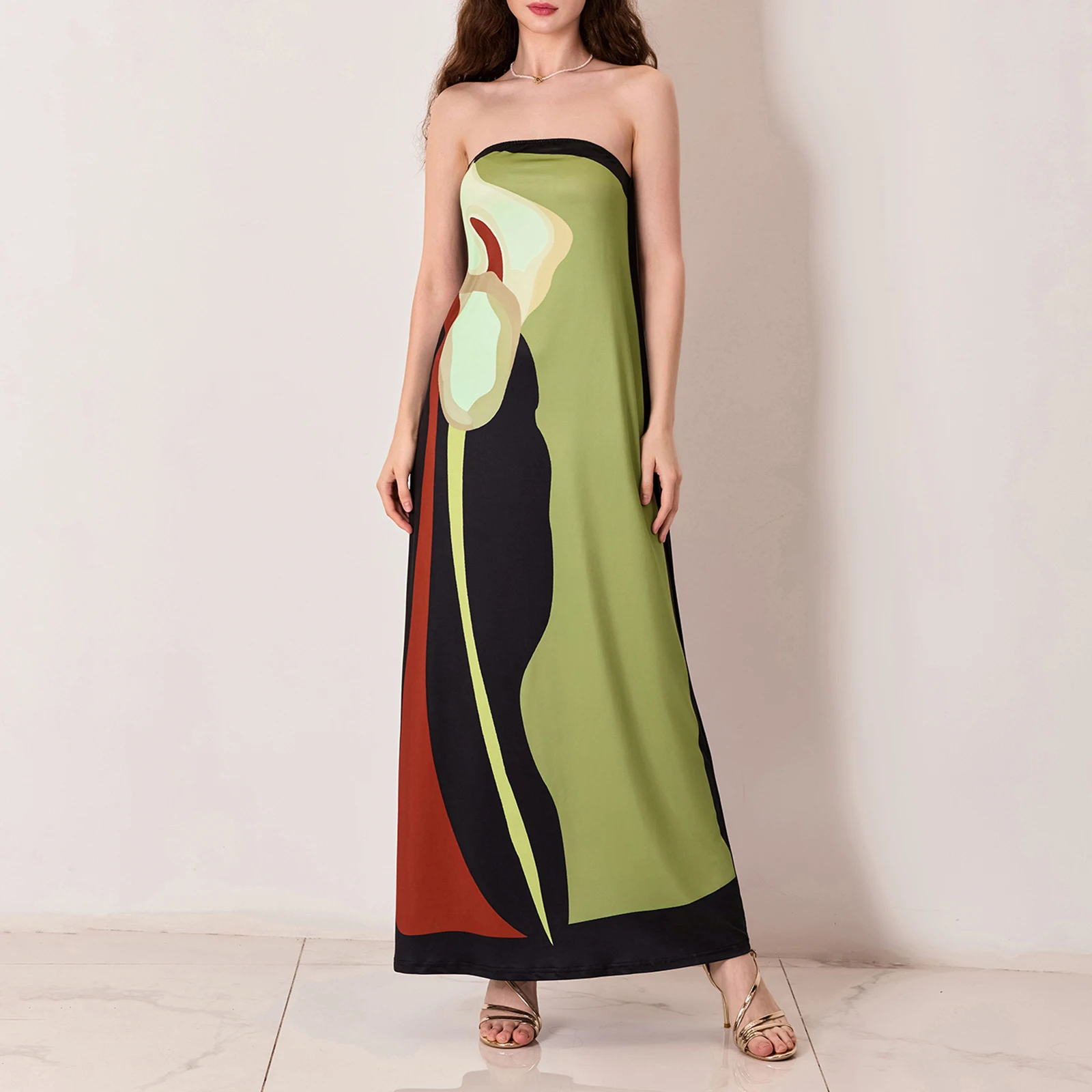 

Women's Strapless Long Dress Sleeveless Abstract Print Loose Tube Dress Summer Beach Dress