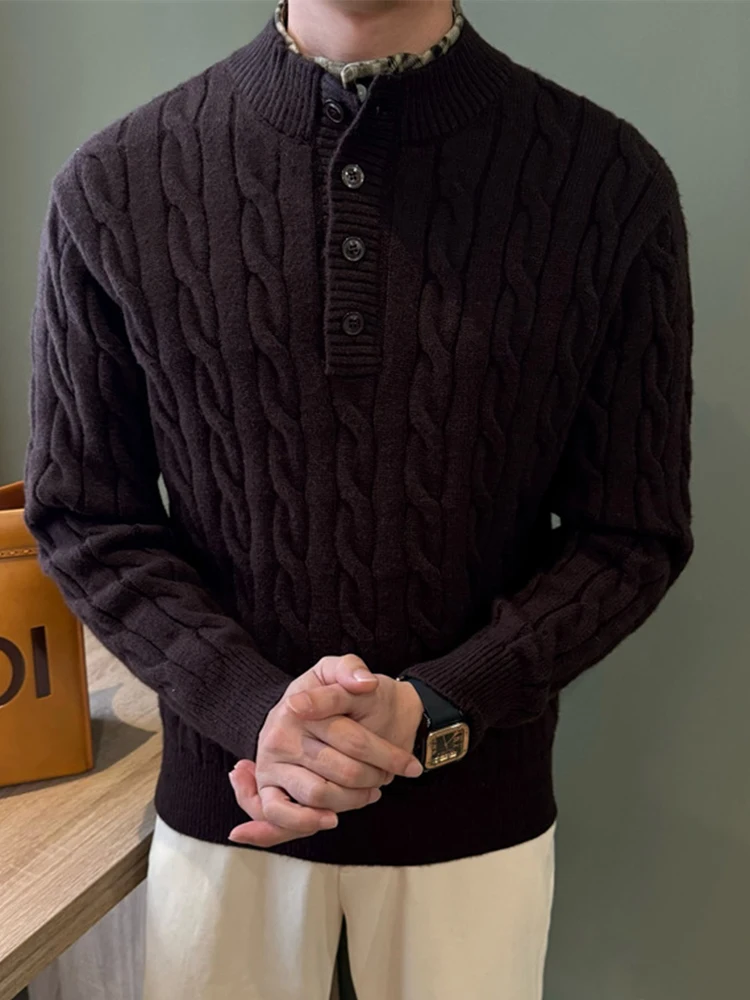 Fall Winter Knitting Pullover Mens Vintage Long Sleeve Henley Collar Shirt Men Stylish Knitted Fake Two Piece Design Polo-shirts
