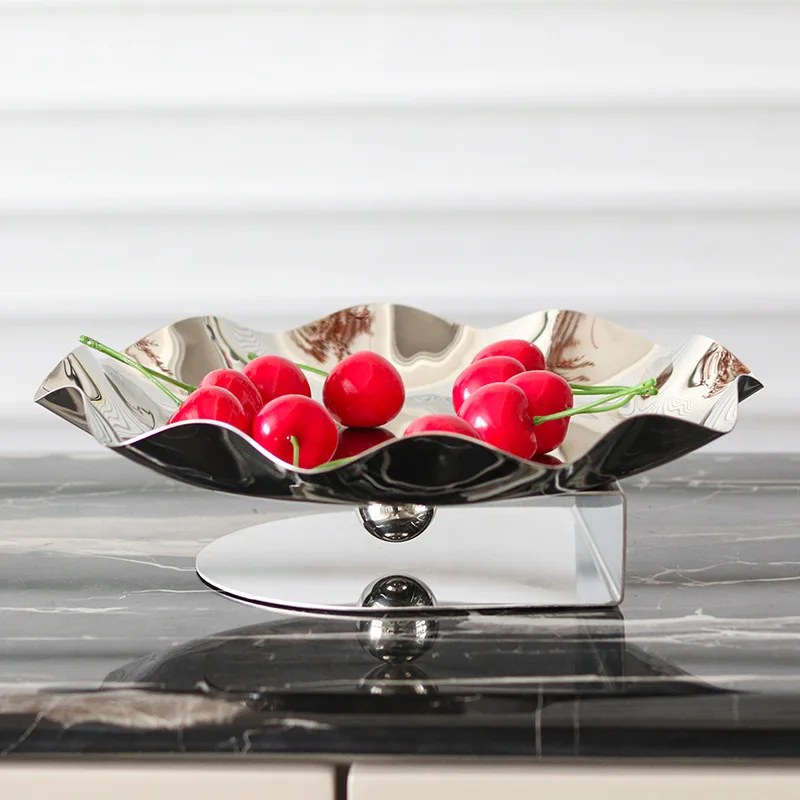 Luxury Mirror Stainless Steel Storage Tray, Circular Fruit Tray, Irregular Wrinkled Art Decoration Tray, Scandinavian Style