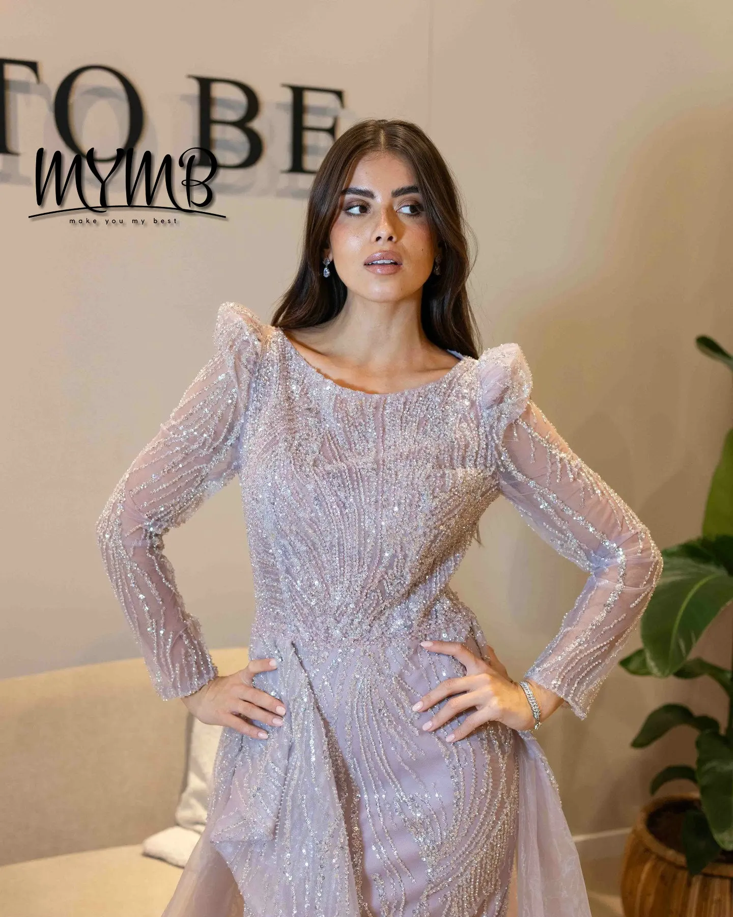 MYMB Glamorous Newest Design Hot Selling Middle Slit Long See Through Sleeve Embellished With Exquisite Bead Embroidery MB40324