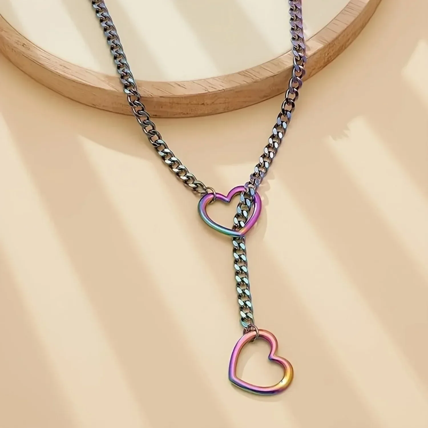 

1pc Women's Jewelry Heart O-Shaped Slip Chain Necklace, Women's Fashion Punk Rock Cuban Long Necklace