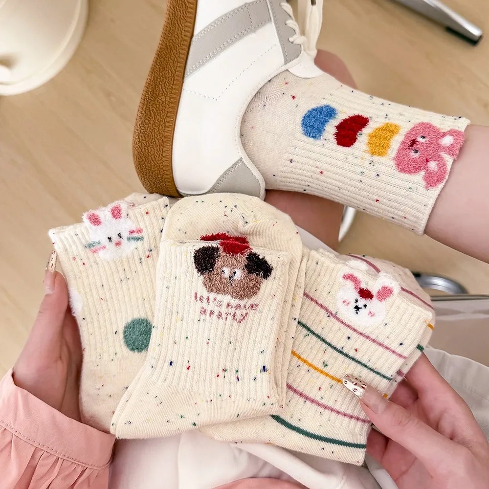 5 Pairs Women's Socks Set Cartoon For Girl Striped Kawaii Sweet Cute Versatile Rabbit High Quality Comfortable Cotton Socks